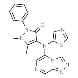 ChemSpider 2D Image | 1,5-Dimethyl-2-phenyl-4-[1,3-thiazol-5-yl([1,2,4]triazolo[4,3-a]pyrazin-5-yl)amino]-1,2-dihydro-3H-pyrazol-3-one | C19H16N8OS