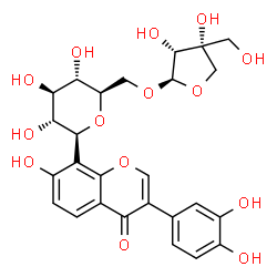 ChemSpider 2D Image | (1S)-1,5-Anhydro-6-O-[(2R,3R,4R)-3,4-dihydroxy-4-(hydroxymethyl)tetrahydro-2-furanyl]-1-[3-(3,4-dihydroxyphenyl)-7-hydroxy-4-oxo-4H-chromen-8-yl]-D-glucitol | C26H28O14