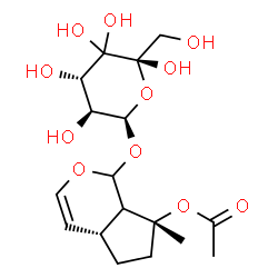 ChemSpider 2D Image | (4aR,7R)-7-Methyl-1-{[(2R,3S,4S,6S)-3,4,5,5,6-pentahydroxy-6-(hydroxymethyl)tetrahydro-2H-pyran-2-yl]oxy}-1,4a,5,6,7,7a-hexahydrocyclopenta[c]pyran-7-yl acetate (non-preferred name) | C17H26O11