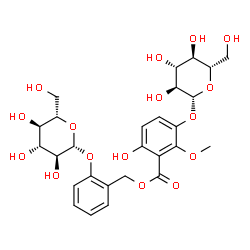 ChemSpider 2D Image | 2-(beta-L-Glucopyranosyloxy)benzyl 3-(beta-L-glucopyranosyloxy)-6-hydroxy-2-methoxybenzoate | C27H34O16