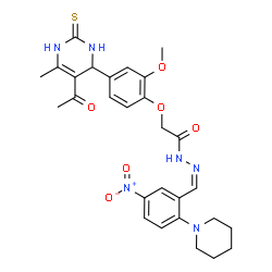 ChemSpider 2D Image | 2-[4-(5-Acetyl-6-methyl-2-thioxo-1,2,3,4-tetrahydro-4-pyrimidinyl)-2-methoxyphenoxy]-N'-{(Z)-[5-nitro-2-(1-piperidinyl)phenyl]methylene}acetohydrazide | C28H32N6O6S