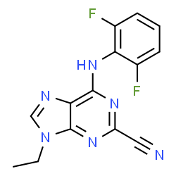 ChemSpider 2D Image | 6-[(2,6-Difluorophenyl)amino]-9-ethyl-9H-purine-2-carbonitrile | C14H10F2N6