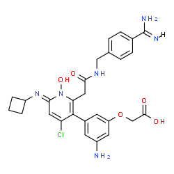 ChemSpider 2D Image | {3-Amino-5-[(6E)-2-{2-[(4-carbamimidoylbenzyl)amino]-2-oxoethyl}-4-chloro-6-(cyclobutylimino)-1-hydroxy-1,6-dihydro-3-pyridinyl]phenoxy}acetic acid | C27H29ClN6O5