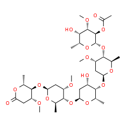 ChemSpider 2D Image | (2S,3R,4S,5S,6R)-5-Hydroxy-2-{[(2R,3R,4S,6S)-6-{[(2S,3S,4S,6S)-4-hydroxy-6-{[(2R,3R,4S,6S)-4-methoxy-6-{[(2R,3R,4R)-4-methoxy-2-methyl-6-oxotetrahydro-2H-pyran-3-yl]oxy}-2-methyltetrahydro-2H-pyran-3-
yl]oxy}-2-methyltetrahydro-2H-pyran-3-yl]oxy}-4-methoxy-2-methyltetrahydro-2H-pyran-3-yl]oxy}-4-methoxy-6-methyltetrahydro-2H-pyran-3-yl acetate (non-preferred name) | C36H60O18