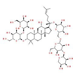 ChemSpider 2D Image | (3alpha,5beta,8alpha,10alpha,12alpha,13alpha,14beta,17alpha)-12-Hydroxy-20-{[alpha-L-ribopyranosyl-(1->3)-beta-L-glucopyranosyl-(1->6)-alpha-L-glucopyranosyl]oxy}dammar-24-en-3-yl 2-O-beta-L-talopyran
osyl-alpha-D-altropyranoside | C59H100O27