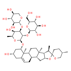 ChemSpider 2D Image | (1alpha,3alpha,8alpha,9beta,10alpha,13alpha,14beta,16beta,17beta,20R,22S,25S)-3-Hydroxyspirost-5-en-1-yl beta-L-glucopyranosyl-(1->2)-[beta-L-xylopyranosyl-(1->3)]-6-deoxy-beta-L-galactopyranoside | C44H70O17