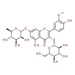 ChemSpider 2D Image | 7-[(6-Deoxy-alpha-D-mannopyranosyl)oxy]-5-hydroxy-2-(4-hydroxy-3-methoxyphenyl)-4-oxo-4H-chromen-3-yl beta-L-glucopyranoside | C28H32O16