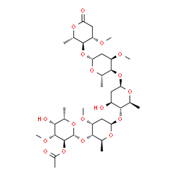 ChemSpider 2D Image | (2R,3S,4R,5R,6S)-5-Hydroxy-2-{[(2S,3S,4R,6R)-6-{[(2S,3R,4S,6R)-4-hydroxy-6-{[(2S,3S,4R,6R)-4-methoxy-6-{[(2S,3S,4S)-4-methoxy-2-methyl-6-oxotetrahydro-2H-pyran-3-yl]oxy}-2-methyltetrahydro-2H-pyran-3-
yl]oxy}-2-methyltetrahydro-2H-pyran-3-yl]oxy}-4-methoxy-2-methyltetrahydro-2H-pyran-3-yl]oxy}-4-methoxy-6-methyltetrahydro-2H-pyran-3-yl acetate (non-preferred name) | C36H60O18