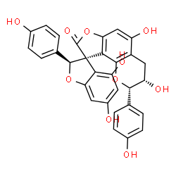ChemSpider 2D Image | (2S,2'S,3R,3'S)-3',4,5',6-Tetrahydroxy-2,2'-bis(4-hydroxyphenyl)-3',4'-dihydro-2'H-spiro[1-benzofuran-3,9'-furo[2,3-h]chromen]-8'-one | C30H22O10
