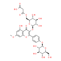 ChemSpider 2D Image | 2-[4-(beta-L-Glucopyranosyloxy)phenyl]-5-hydroxy-7-methoxy-4-oxo-4H-chromen-3-yl 6-O-(carboxyacetyl)-beta-L-glucopyranoside | C31H34O19