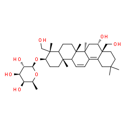ChemSpider 2D Image | (3alpha,5xi,8alpha,9xi,10alpha,14beta,16beta,17alpha)-16,24,28-Trihydroxyoleana-11,13(18)-dien-3-yl 6-deoxy-beta-L-galactopyranoside | C36H58O8