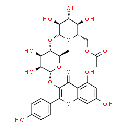 ChemSpider 2D Image | 5,7-Dihydroxy-2-(4-hydroxyphenyl)-4-oxo-4H-chromen-3-yl 4-O-(6-O-acetyl-beta-L-glucopyranosyl)-6-deoxy-alpha-D-mannopyranoside | C29H32O16
