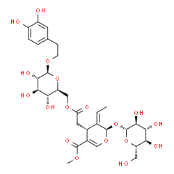 ChemSpider 2D Image | 2-(3,4-Dihydroxyphenyl)ethyl 6-O-{[(2R,3Z,4R)-3-ethylidene-2-(beta-L-glucopyranosyloxy)-5-(methoxycarbonyl)-3,4-dihydro-2H-pyran-4-yl]acetyl}-beta-L-glucopyranoside | C31H42O18