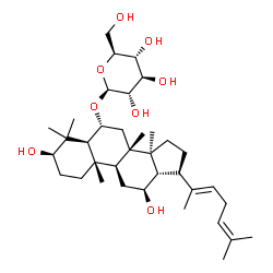 ChemSpider 2D Image | (3alpha,5beta,6beta,8alpha,9beta,10alpha,12alpha,13alpha,14beta,17alpha,20E)-3,12-Dihydroxydammara-20(22),24-dien-6-yl beta-L-glucopyranoside | C36H60O8