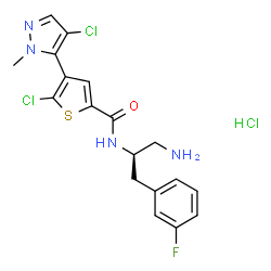 ChemSpider 2D Image | N-[(2R)-1-Amino-3-(3-fluorophenyl)-2-propanyl]-5-chloro-4-(4-chloro-1-methyl-1H-pyrazol-5-yl)-2-thiophenecarboxamide hydrochloride (1:1) | C18H18Cl3FN4OS