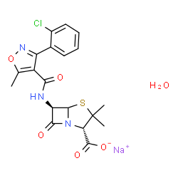 ChemSpider 2D Image | Sodium (2S,6R)-6-({[3-(2-chlorophenyl)-5-methyl-1,2-oxazol-4-yl]carbonyl}amino)-3,3-dimethyl-7-oxo-4-thia-1-azabicyclo[3.2.0]heptane-2-carboxylate hydrate (1:1:1) | C19H19ClN3NaO6S