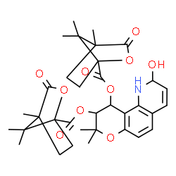 ChemSpider 2D Image | 2-Hydroxy-8,8-dimethyl-1,8,9,10-tetrahydro-2H-pyrano[2,3-h]quinoline-9,10-diyl bis(4,7,7-trimethyl-3-oxo-2-oxabicyclo[2.2.1]heptane-1-carboxylate) | C34H41NO10