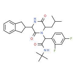 ChemSpider 2D Image | 2-(2,4-Difluorophenyl)-2-[3-(2,3-dihydro-1H-inden-2-yl)-6-isobutyl-2,5-dioxo-1-piperazinyl]-N-(2-methyl-2-propanyl)acetamide | C29H35F2N3O3