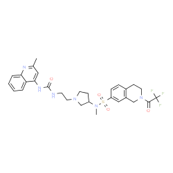 ChemSpider 2D Image | N-Methyl-N-[1-(2-{[(2-methyl-4-quinolinyl)carbamoyl]amino}ethyl)-3-pyrrolidinyl]-2-(trifluoroacetyl)-1,2,3,4-tetrahydro-7-isoquinolinesulfonamide | C29H33F3N6O4S