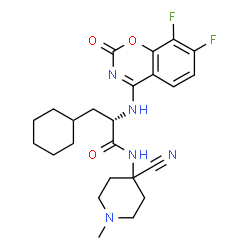ChemSpider 2D Image | N-(4-Cyano-1-methyl-4-piperidinyl)-3-cyclohexyl-N~2~-(7,8-difluoro-2-oxo-2H-1,3-benzoxazin-4-yl)-L-alaninamide | C24H29F2N5O3