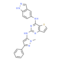 ChemSpider 2D Image | N~4~-(1H-Indazol-5-yl)-N~2~-(1-methyl-3-phenyl-1H-pyrazol-5-yl)thieno[3,2-d]pyrimidine-2,4-diamine | C23H18N8S