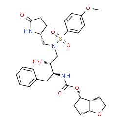ChemSpider 2D Image | (3aR,4S,6aR)-Hexahydro-2H-cyclopenta[b]furan-4-yl [(2S,3R)-3-hydroxy-4-([(4-methoxyphenyl)sulfonyl]{[(2R)-5-oxo-2-pyrrolidinyl]methyl}amino)-1-phenyl-2-butanyl]carbamate | C30H39N3O8S