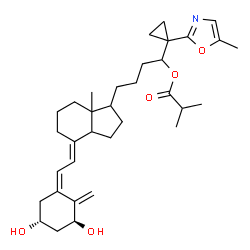 ChemSpider 2D Image | 4-[(4E)-4-{(2Z)-2-[(3S,5R)-3,5-Dihydroxy-2-methylenecyclohexylidene]ethylidene}-7a-methyloctahydro-1H-inden-1-yl]-1-[1-(5-methyl-1,3-oxazol-2-yl)cyclopropyl]butyl 2-methylpropanoate (non-preferred nam
e) | C34H49NO5