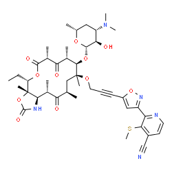 ChemSpider 2D Image | 2-[5-(3-{[(3aS,4S,7R,9R,10R,11S,13R,15S,15aR)-4-Ethyl-3a,7,9,11,13,15-hexamethyl-2,6,8,14-tetraoxo-10-{[3,4,6-trideoxy-3-(dimethylamino)-beta-D-xylo-hexopyranosyl]oxy}tetradecahydro-2H-oxacyclotetrade
cino[4,3-d][1,3]oxazol-11-yl]oxy}-1-propyn-1-yl)-1,2-oxazol-3-yl]-3-(methylsulfanyl)isonicotinonitrile | C43H57N5O11S