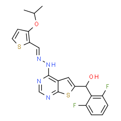 ChemSpider 2D Image | (2,6-Difluorophenyl)(4-{(2E)-2-[(3-isopropoxy-2-thienyl)methylene]hydrazino}thieno[2,3-d]pyrimidin-6-yl)methanol | C21H18F2N4O2S2