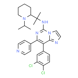 ChemSpider 2D Image | 8-(3,4-Dichlorophenyl)-N-[2-(1-isopropyl-2-piperidinyl)-2-propanyl]-7-(4-pyridinyl)imidazo[1,2-c]pyrimidin-5-amine | C28H32Cl2N6