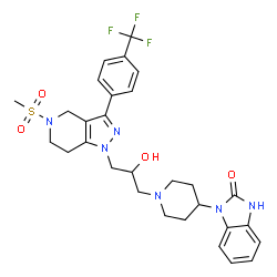 ChemSpider 2D Image | 1-[1-(2-hydroxy-3-{5-(methylsulfonyl)-3-[4-(trifluoromethyl)phenyl]-4,5,6,7-tetrahydro-1H-pyrazolo[4,3-c]pyridin-1-yl}propyl)piperidin-4-yl]-1H-benzimidazol-2-ol | C29H33F3N6O4S