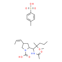 ChemSpider 2D Image | 2-(1-Acetamido-2-methoxy-2-methylpentyl)-4-[(1Z)-1-propen-1-yl]-1-pyrrolidinecarboxylic acid 4-methylbenzenesulfonate (1:1) | C24H38N2O7S