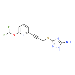 ChemSpider 2D Image | 3-({3-[6-(Difluoromethoxy)-2-pyridinyl]-2-propyn-1-yl}sulfanyl)-1H-1,2,4-triazol-5-amine | C11H9F2N5OS