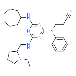ChemSpider 2D Image | 3-{[4-(Cycloheptylamino)-6-{[(1-ethyl-2-pyrrolidinyl)methyl]amino}-1,3,5-triazin-2-yl](phenyl)amino}propanenitrile | C26H38N8