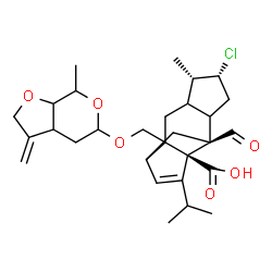ChemSpider 2D Image | (1S,5S,6R,9S,11S)-6-Chloro-9-formyl-13-isopropyl-5-methyl-2-{[(7-methyl-3-methylenehexahydro-2H-furo[2,3-c]pyran-5-yl)oxy]methyl}tetracyclo[7.4.0.0~2,11~.0~4,8~]tridec-12-ene-1-carboxylic acid | C29H39ClO6