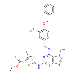 ChemSpider 2D Image | Ethyl 2-[(6-{[4-(benzyloxy)-3-methoxybenzyl]amino}-7-ethyl-7H-purin-2-yl)amino]-4-methyl-1,3-thiazole-5-carboxylate | C29H31N7O4S