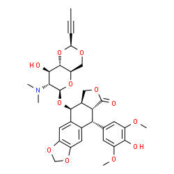 ChemSpider 2D Image | (5S,5aR,8aR,9R)-9-(4-Hydroxy-3,5-dimethoxyphenyl)-8-oxo-5,5a,6,8,8a,9-hexahydrofuro[3',4':6,7]naphtho[2,3-d][1,3]dioxol-5-yl 4,6-O-[(1S)-2-butyn-1-ylidene]-2-deoxy-2-(dimethylamino)-beta-D-glucopyrano
side | C33H37NO12