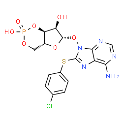 ChemSpider 2D Image | (4aR,6S,7R,7aS)-6-({6-Amino-8-[(4-chlorophenyl)sulfanyl]-9H-purin-9-yl}oxy)tetrahydro-4H-furo[3,2-d][1,3,2]dioxaphosphinine-2,7-diol 2-oxide | C16H15ClN5O7PS