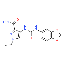 ChemSpider 2D Image | 4-[(1,3-Benzodioxol-5-ylcarbamoyl)amino]-1-ethyl-1H-pyrazole-3-carboxamide | C14H15N5O4