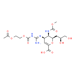 ChemSpider 2D Image | (6R)-4-{(E)-[{[(2-Acetoxyethoxy)carbonyl]amino}(amino)methylene]amino}-2,6-anhydro-3,4,5-trideoxy-6-[(2S)-2,3-dihydroxypropyl]-5-[(methoxycarbonyl)amino]-L-erythro-hex-2-enonic acid | C17H26N4O11