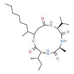 ChemSpider 2D Image | (3R,6S,9S)-3-[(2S)-2-Butanyl]-9-isopropyl-6-methyl-13-(2-octanyl)-1-oxa-4,7,10-triazacyclotridecane-2,5,8,11-tetrone | C25H45N3O5