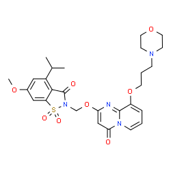 ChemSpider 2D Image | 2-[(4-Isopropyl-6-methoxy-1,1-dioxido-3-oxo-1,2-benzothiazol-2(3H)-yl)methoxy]-9-[3-(4-morpholinyl)propoxy]-4H-pyrido[1,2-a]pyrimidin-4-one | C27H32N4O8S