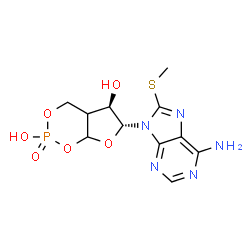 ChemSpider 2D Image | (5R,6R)-6-[6-Amino-8-(methylsulfanyl)-9H-purin-9-yl]tetrahydro-4H-furo[2,3-d][1,3,2]dioxaphosphinine-2,5-diol 2-oxide | C11H14N5O6PS