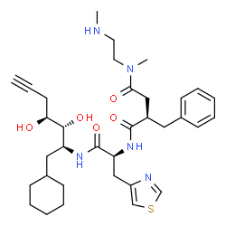 ChemSpider 2D Image | (2R)-2-Benzyl-N~1~-[(2S)-1-{[(2S,3R,4S)-1-cyclohexyl-3,4-dihydroxy-6-heptyn-2-yl]amino}-1-oxo-3-(1,3-thiazol-4-yl)-2-propanyl]-N~4~-methyl-N~4~-[2-(methylamino)ethyl]succinamide | C34H49N5O5S