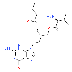 ChemSpider 2D Image | 4-(2-Amino-6-oxo-3,6-dihydro-9H-purin-9-yl)-2-[(butyryloxy)methyl]butyl L-valinate | C19H30N6O5