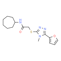 ChemSpider 2D Image | N-Cycloheptyl-2-{[5-(2-furyl)-4-methyl-4H-1,2,4-triazol-3-yl]sulfanyl}acetamide | C16H22N4O2S