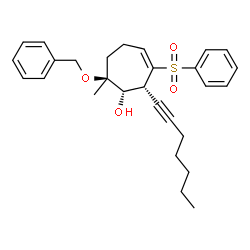 ChemSpider 2D Image | (1S,2R,7S)-7-(Benzyloxy)-2-(1-heptyn-1-yl)-7-methyl-3-(phenylsulfonyl)-3-cyclohepten-1-ol | C28H34O4S