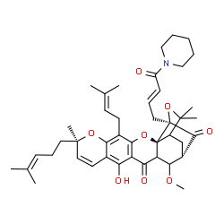 ChemSpider 2D Image | (2S,8R,17S,19R)-12-Hydroxy-16-methoxy-8,21,21-trimethyl-5-(3-methyl-2-buten-1-yl)-8-(4-methyl-3-penten-1-yl)-19-[(2E)-4-oxo-4-(1-piperidinyl)-2-buten-1-yl]-3,7,20-trioxahexacyclo[15.4.1.0~2,15~.0~2,19
~.0~4,13~.0~6,11~]docosa-4(13),5,9,11-tetraene-14,18-dione | C43H55NO8