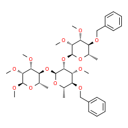 ChemSpider 2D Image | Methyl 4-O-benzyl-6-deoxy-2,3-di-O-methyl-alpha-L-mannopyranosyl-(1->2)-4-O-benzyl-6-deoxy-3-O-methyl-alpha-L-mannopyranosyl-(1->4)-6-deoxy-2,3-di-O-methyl-alpha-L-mannopyranoside | C38H56O13