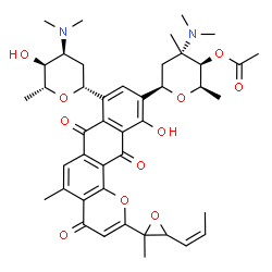 ChemSpider 2D Image | (2R,3R,4S,6R)-4-(Dimethylamino)-6-(8-[(2R,4S,5S,6R)-4-(dimethylamino)-5-hydroxy-6-methyltetrahydro-2H-pyran-2-yl]-11-hydroxy-5-methyl-2-{2-methyl-3-[(1Z)-1-propen-1-yl]-2-oxiranyl}-4,7,12-trioxo-7,12-
dihydro-4H-naphtho[2,3-h]chromen-10-yl)-2,4-dimethyltetrahydro-2H-pyran-3-yl acetate | C43H52N2O11